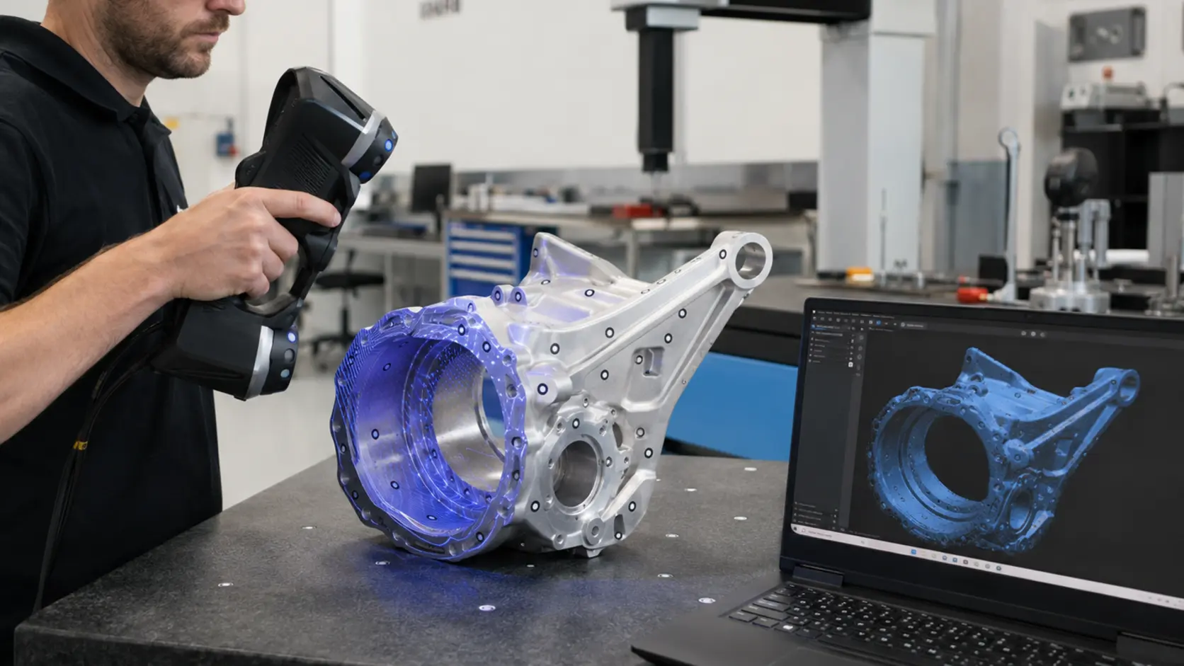 Structured-light scanning of an aerospace actuator housing with reference targets