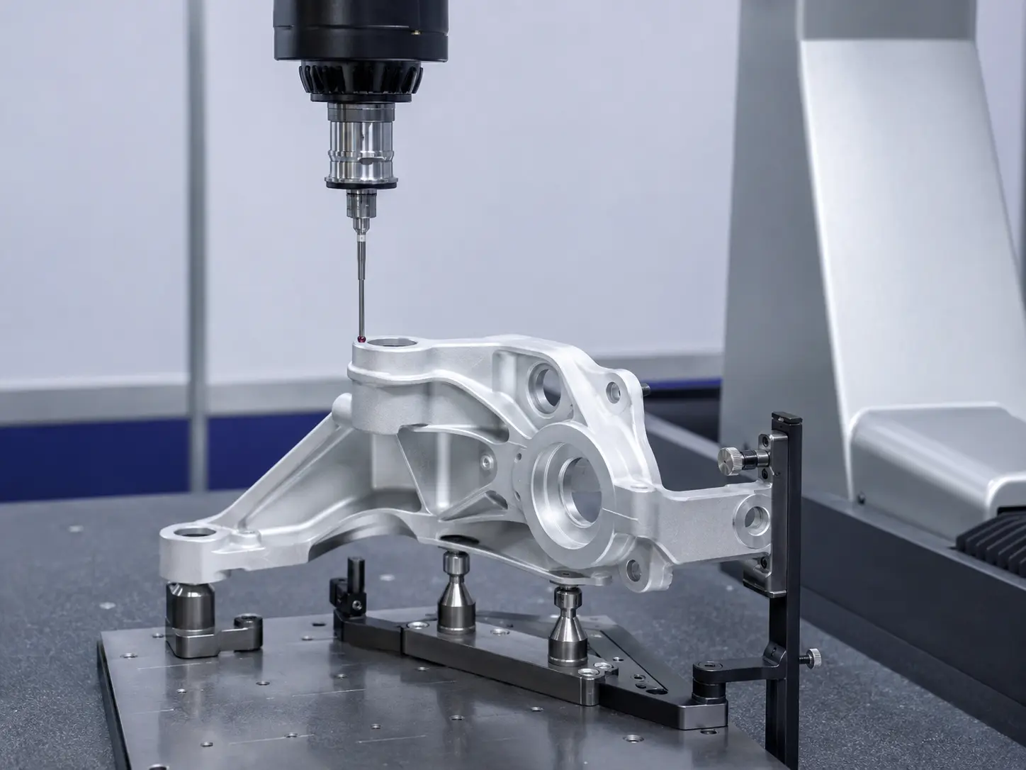 Aerospace structural bracket located on datum supports during CMM inspection